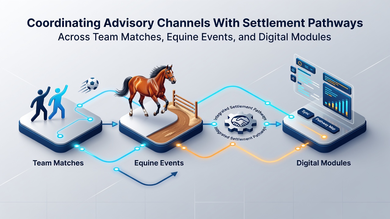 Diagram showing integrated advisory channels and settlement pathways connecting team sports, horse racing, and digital gaming modules