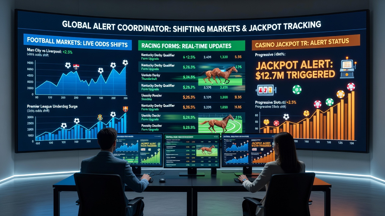 Mobile interface displaying synchronized alerts for live football odds, updated horse racing form, and rising casino jackpots
