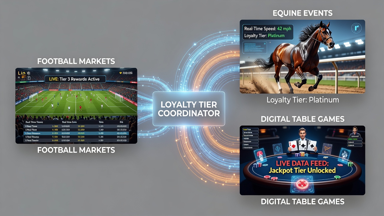 Loyalty tier coordination dashboard showing real-time data across football markets, equine events, and digital table games