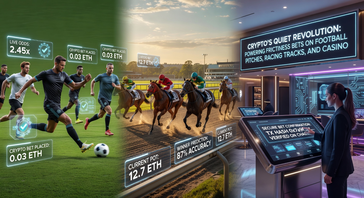 Horse racing track scene overlaid with crypto transaction graph showing real-time betting spikes during a race