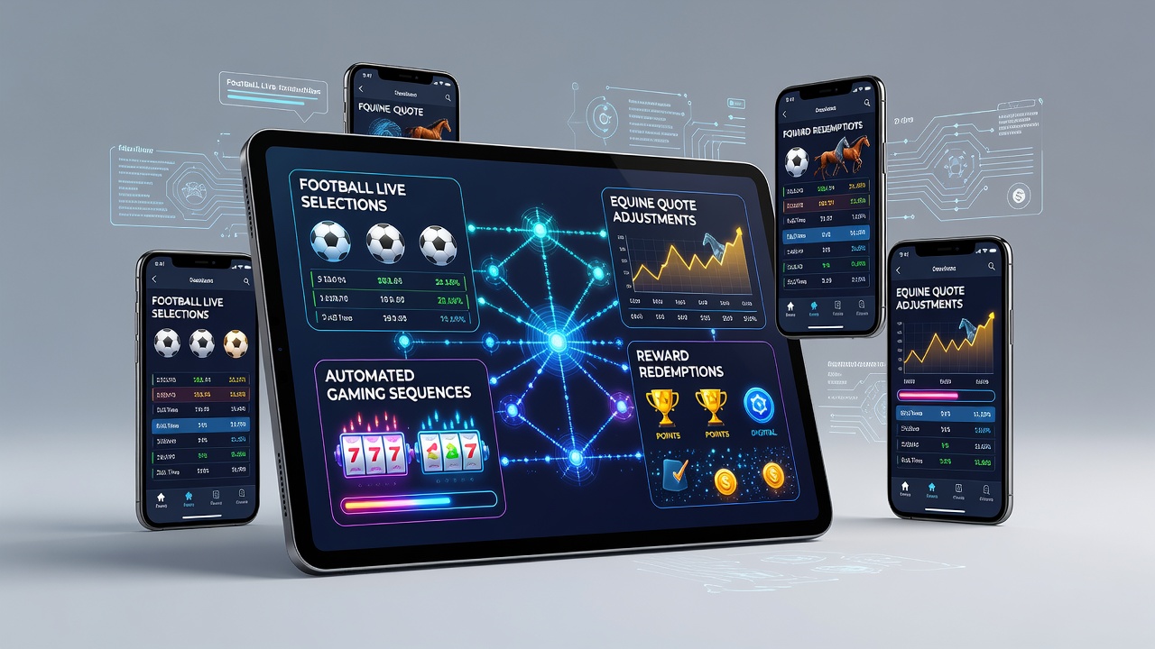Illustration of mobile device interfaces showing layered advisory networks connecting football, horse racing, and casino gaming options
