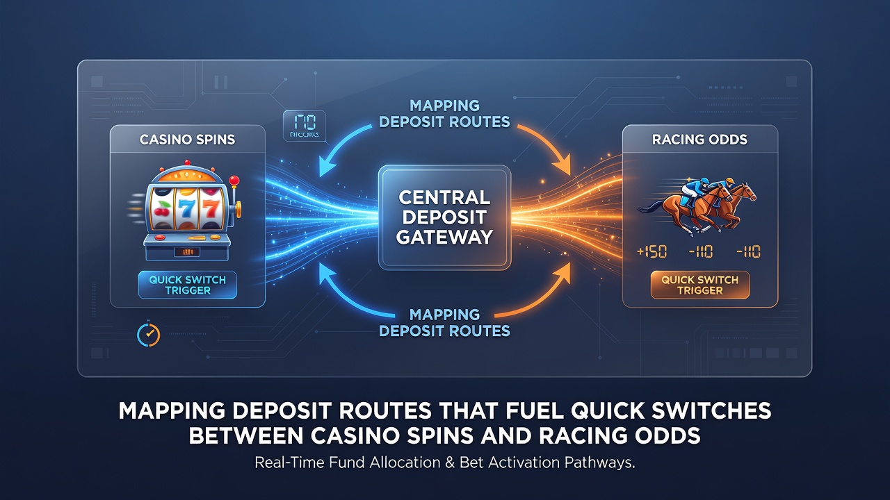 Illustration of mobile interface displaying instant deposit options between casino and racing sections
