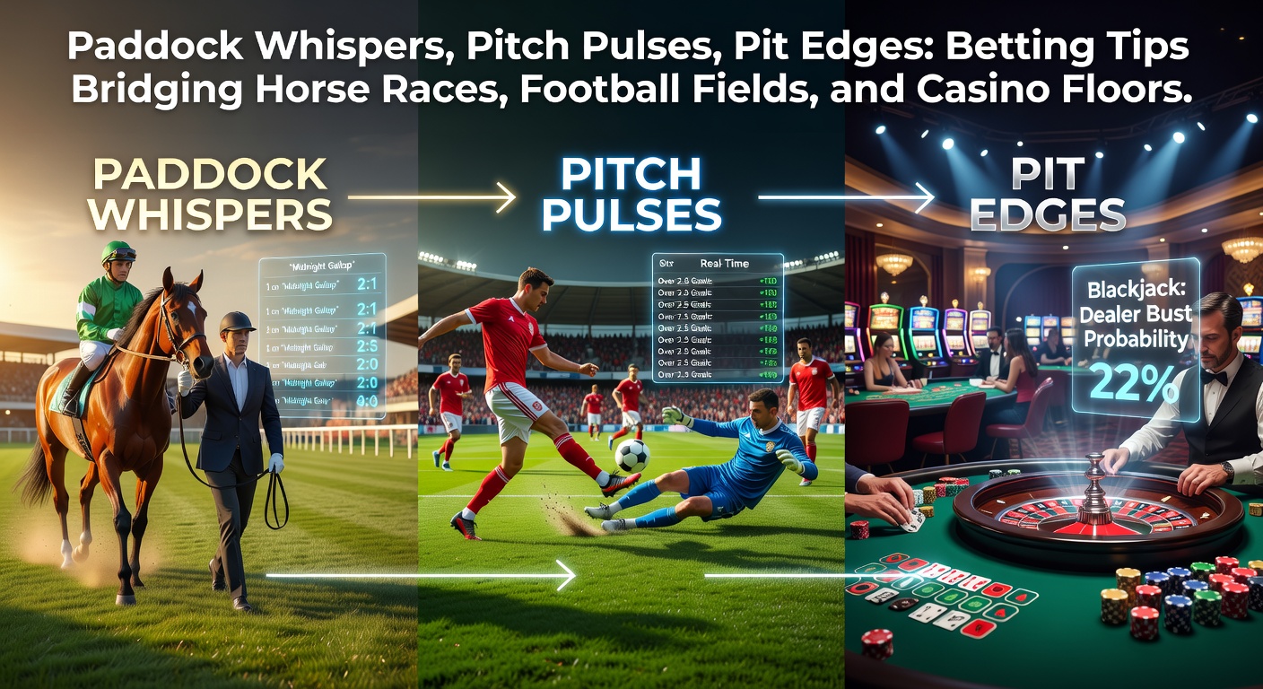 A dynamic scene blending horse racing tracks, soccer fields, and casino gaming floors, highlighting interconnected betting opportunities