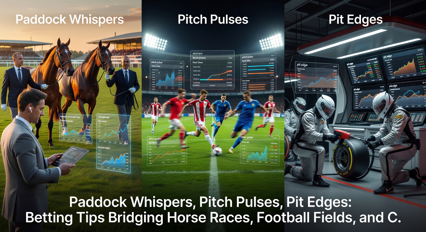 Intense action on a soccer pitch during a live match, with overlaid elements of horse racing odds boards and casino chips to illustrate betting crossovers