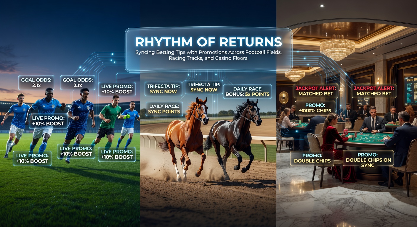 Dynamic scene of a soccer match, horse race finish line, and spinning casino reels blending into a rhythmic betting flow