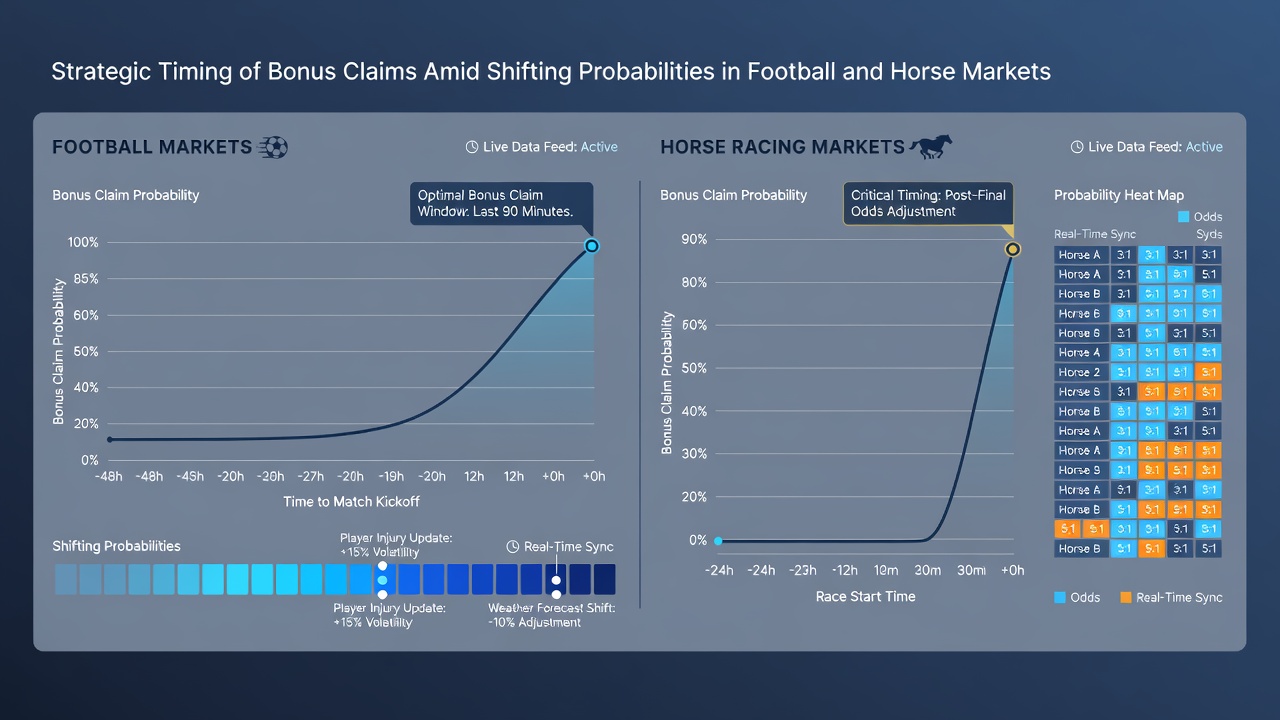 Close-up of betting interface displaying shifting football and horse racing odds with bonus claim timer