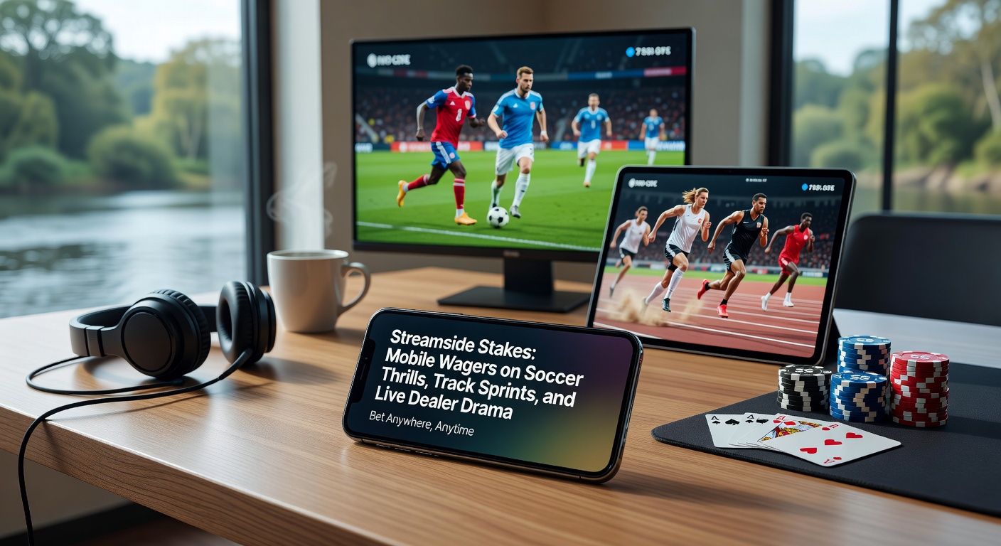 Dynamic split-screen view of a horse sprinting on a track, soccer players clashing for a ball, and a live dealer shuffling cards on a mobile betting app