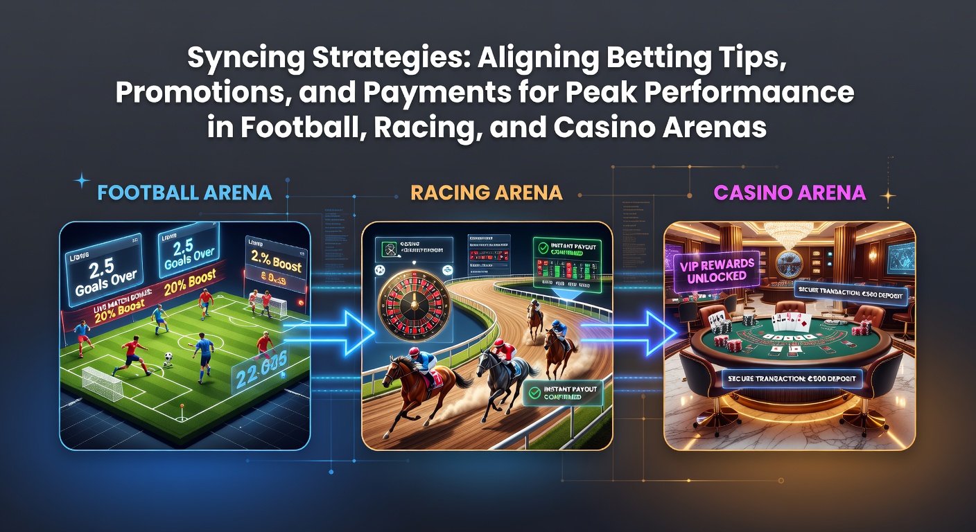 Visual of synced betting elements: soccer pitch overlay with racing tracks and casino chips, highlighting tips, promos, and payment icons