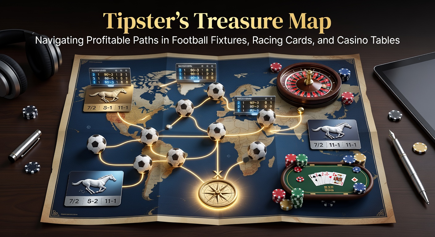 A detailed treasure map overlaying icons of soccer pitches, horse racing tracks, and casino roulette tables, symbolizing strategic betting paths guided by expert tipsters