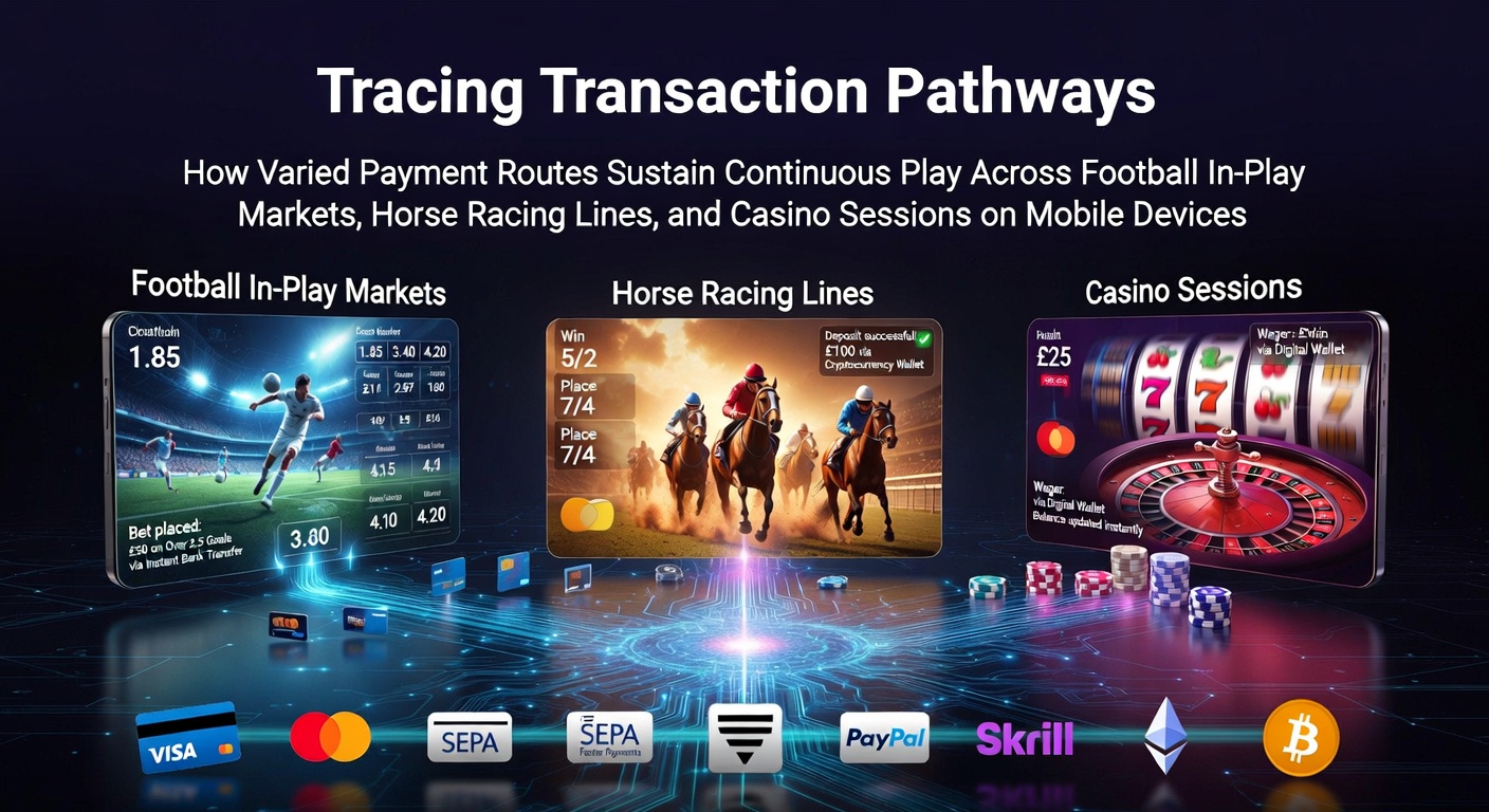Mobile payment interfaces displaying transaction routes for live football, horse racing, and casino sessions